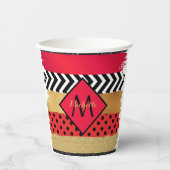 Red Black Gold Glitzer Pinselstriche Mit Monogramm Pappbecher (Vorderseite)