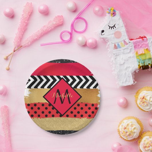 Red Black Gold Glitzer Pinselstriche Mit Monogramm Pappteller (Party)