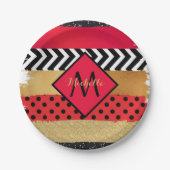 Red Black Gold Glitzer Pinselstriche Mit Monogramm Pappteller (Vorderseite)