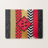 Red Black Gold Glitzer Pinselstriche Mit Monogramm Puzzle (Horizontal)