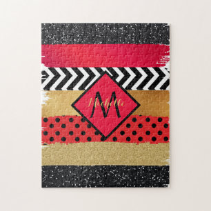 Red Black Gold Glitzer Pinselstriche Mit Monogramm Puzzle