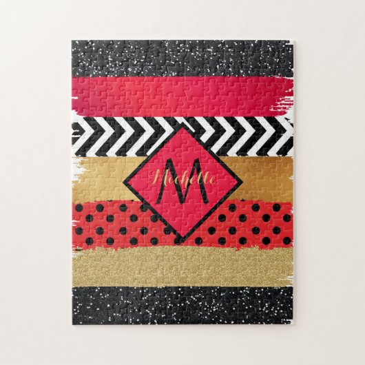 Red Black Gold Glitzer Pinselstriche Mit Monogramm Puzzle (Vertikal)