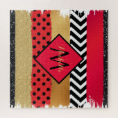 Red Black Gold Glitzer Pinselstriche Mit Monogramm Puzzle (Horizontal)