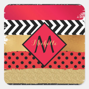 Red Black Gold Glitzer Pinselstriche Mit Monogramm Quadratischer Aufkleber