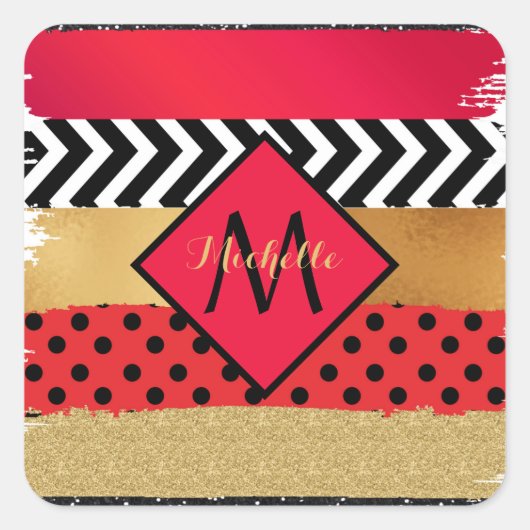 Red Black Gold Glitzer Pinselstriche Mit Monogramm Quadratischer Aufkleber (Vorderseite)