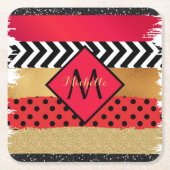 Red Black Gold Glitzer Pinselstriche Mit Monogramm Rechteckiger Pappuntersetzer (Vorderseite)