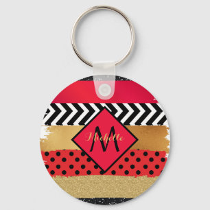 Red Black Gold Glitzer Pinselstriche Mit Monogramm Schlüsselanhänger