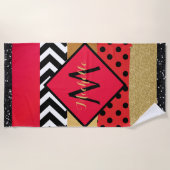 Red Black Gold Glitzer Pinselstriche Mit Monogramm Strandtuch (Vorderseite)