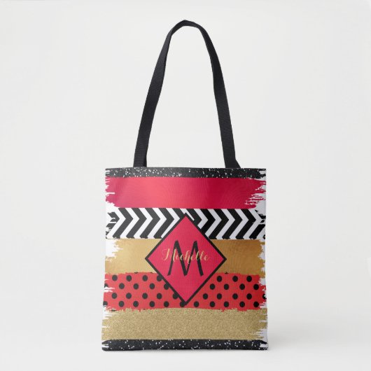 Red Black Gold Glitzer Pinselstriche Mit Monogramm Tasche (Vorderseite)