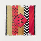 Red Black Gold Glitzer Pinselstriche Mit Monogramm Wandteppich (Vorderseite (Horizontal))