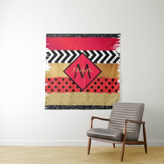 Red Black Gold Glitzer Pinselstriche Mit Monogramm Wandteppich (Beispiel)