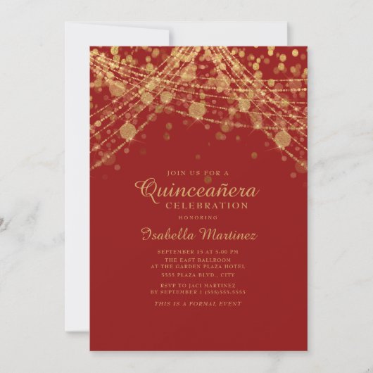 Red Black Gold Glitzer String Lights Quinceañera Einladung (Vorderseite)