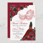 Red Black Gold Glitzer Sweet 16 Masquerade Einladung (Vorne/Hinten)