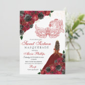 Red Black Gold Glitzer Sweet 16 Masquerade Einladung (Stehend Vorderseite)