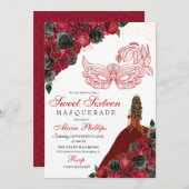 Red Black Gold Glitzer Sweet 16 Masquerade Einladung (Vorne/Hinten)