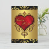 Red Black Gold Heart Wedding Einladung (Stehend Vorderseite)