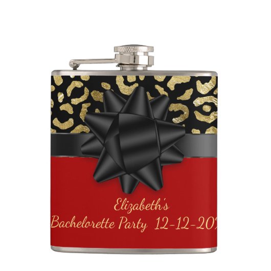 Red Black Gold Leopard Print Junggeselinnen-Abschi Flachmann (Vorderseite)