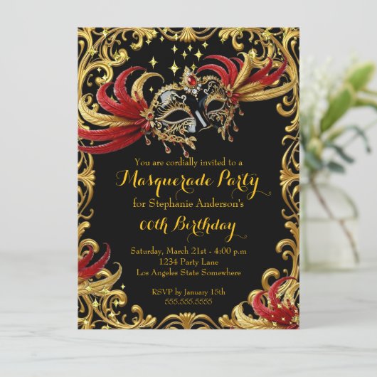 Red Black Gold Magical Night Masquerade Party Einladung (Stehend Vorderseite)