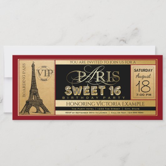 Red Black Gold Paris Sweet 16 Ticket Einladung (Vorderseite)