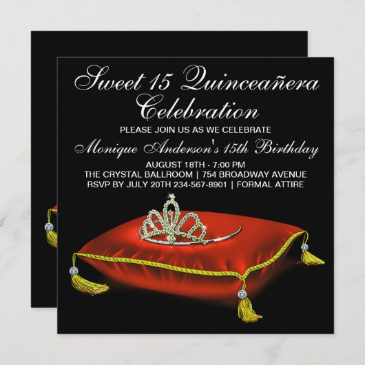 Red Black Gold Quinceanera Einladung (Vorne/Hinten)