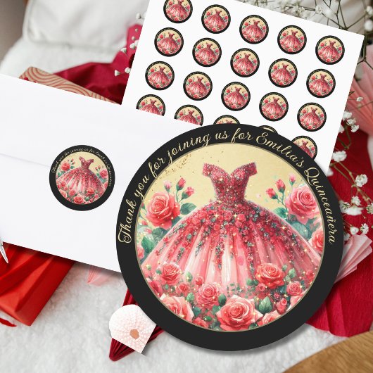 Red Black Gold Quinceañera Kleid Danke für Ihre Ge Runder Aufkleber