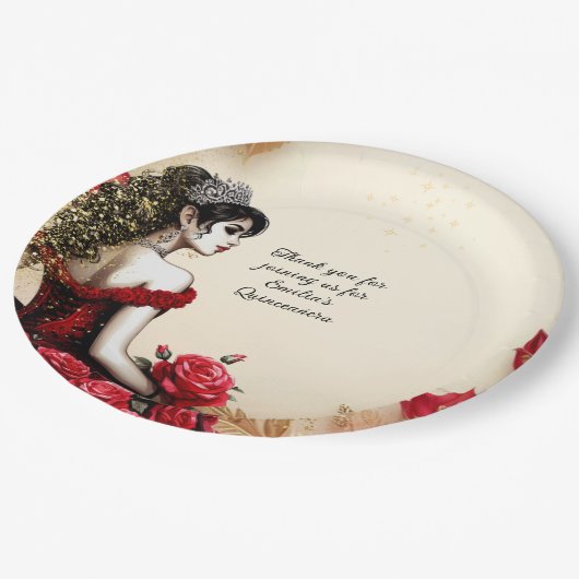 Red Black Gold Rose Quinceañera Kleid Custom Pappteller (Schrägansicht)