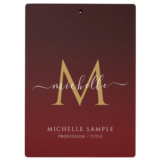 Red Black Gold Script Typography Name Monogram Klemmbrett (Rückseite)