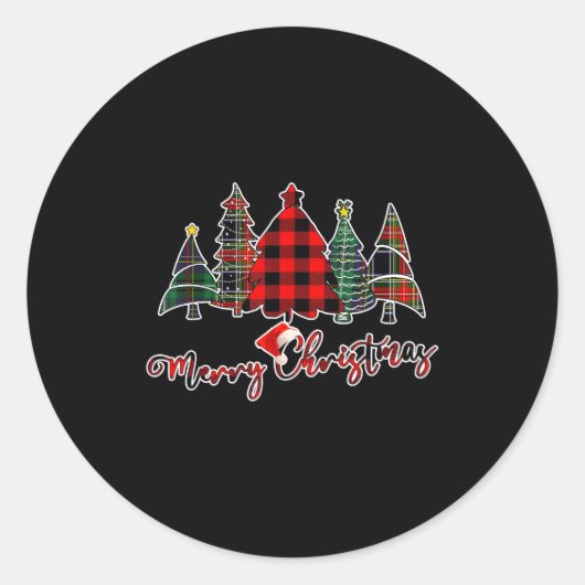 Red Black Green Buffalo Plaid Merry Christmas Tree Runder Aufkleber (Vorderseite)