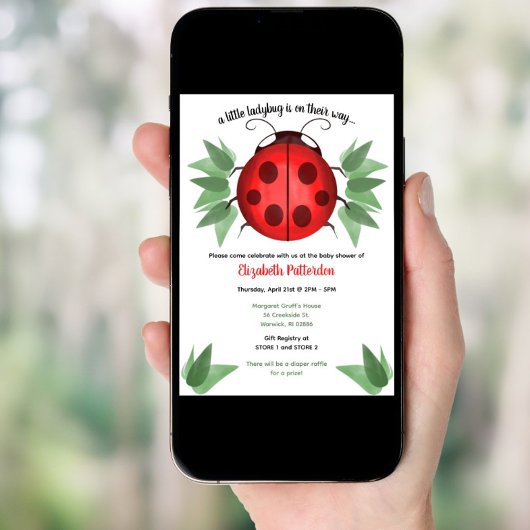 Red, Black, Green Watercolor Ladybug Babydusche Einladung