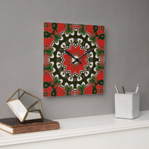 Red Black Green & White Groovy Mandala Quadratische Wanduhr