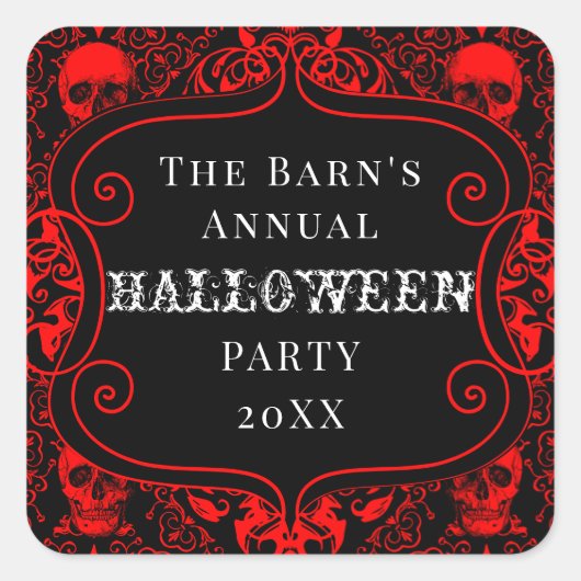 Red Black Halloween Damask Skull Gothic Custom Quadratischer Aufkleber (Vorderseite)