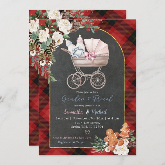 Red Black Kariert Baby Carriage Gender Reveal Einladung (Vorne/Hinten)