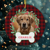 Red & Black Kariert Dog Foto Weihnachtskranz Keramik Ornament