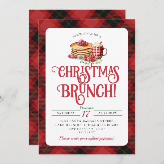 Red Black Kariert Pancake Hot Cocoa Weihnachts Bru Einladung (Vorne/Hinten)