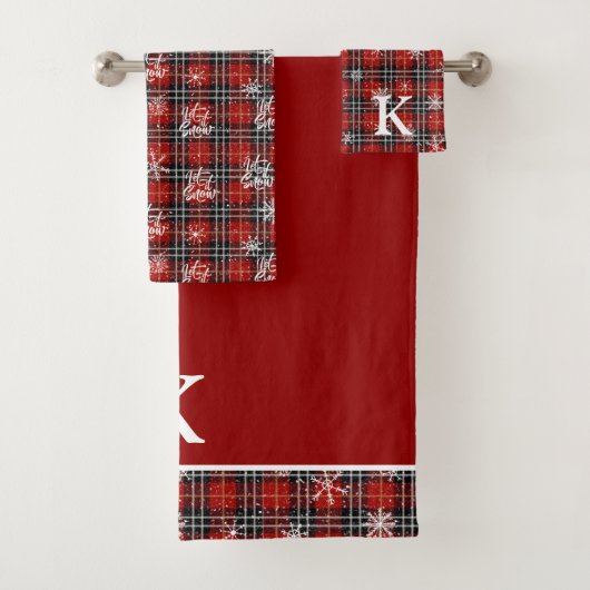 Red Black Kariert Snowflake Monogram LET IT SNOT Badhandtuch Set (Insitu)