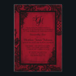 Red Black Lace Gothic Wedding Invitation Card Einladung<br><div class="desc">Gotische schwarze Spitzen über rotem Grunge-Hintergrund mit monogramm formaler Einladungskarte für die Hochzeit.</div>
