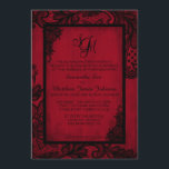Red Black Lace Gothic Wedding Invitation Card Einladung<br><div class="desc">Gotische schwarze Spitzen über rotem Grunge-Hintergrund mit monogramm formaler Einladungskarte für die Hochzeit.</div>