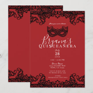Red & Black Lace Masquerade 15 15. Quinceañera Einladung