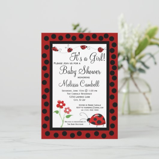Red Black Ladybug Baby Shower Einladung Vorlage (Stehend Vorderseite)