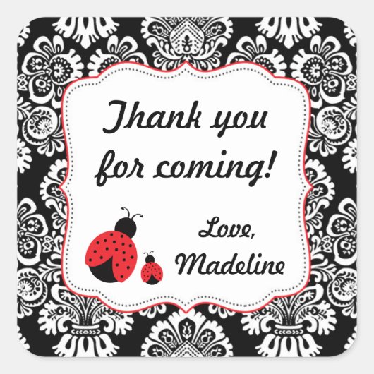 Red Black Ladybug Damask Baby Dusche Gefallen Aufk Quadratischer Aufkleber (Vorderseite)