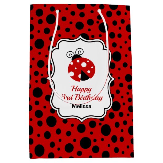 Red Black Ladybug Frame Polka Dots Kindergeburtsta Mittlere Geschenktüte (Vorderseite)