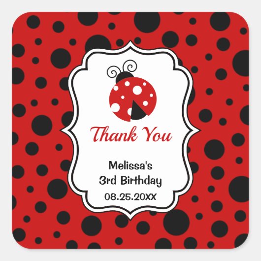Red Black Ladybug Frame Polka Dots Kindergeburtsta Quadratischer Aufkleber (Vorderseite)