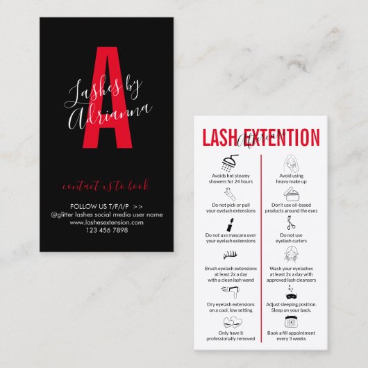 Red Black Lash Extension Aftercare Visitenkarte (Vorne/Hinten)