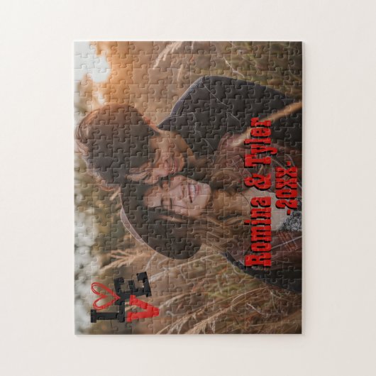 Red & Black LIEBE Design mit Foto, Namen und Datum Puzzle (Vertikal)