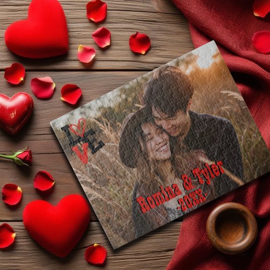 Red & Black LIEBE Design mit Foto, Namen und Datum Puzzle
