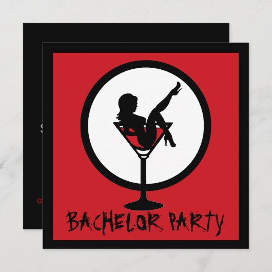 Red Black Martini Girl Bachelor Party lädt ein Einladung (Vorne/Hinten)