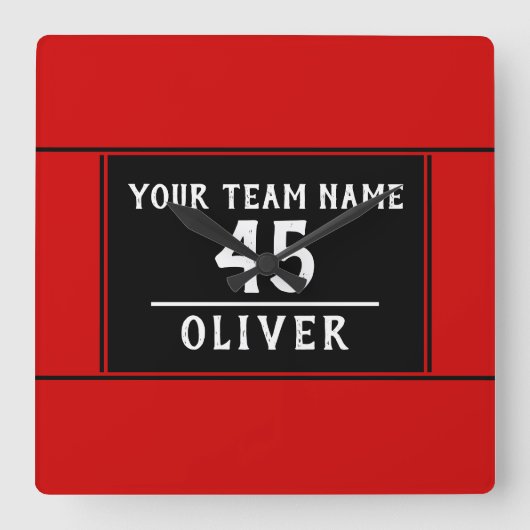 Red Black mit Team Name Number Quadratische Wanduhr (Vorderseite)