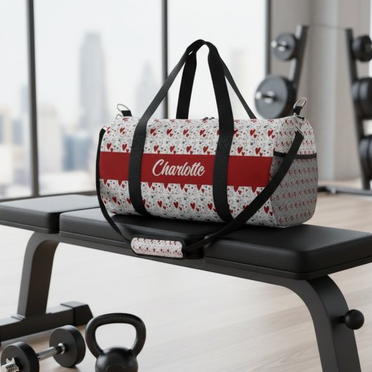 Red Black Modern Hearts Retro Monogram Name Duffle Bag