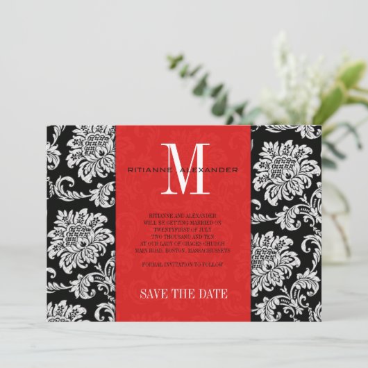 Red Black Monogram Damask Wedding Save the Date (Stehend Vorderseite)