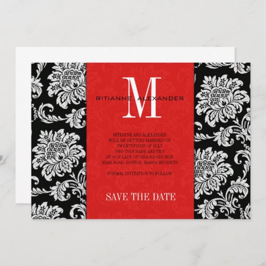 Red Black Monogram Damask Wedding Save the Date (Vorne/Hinten)